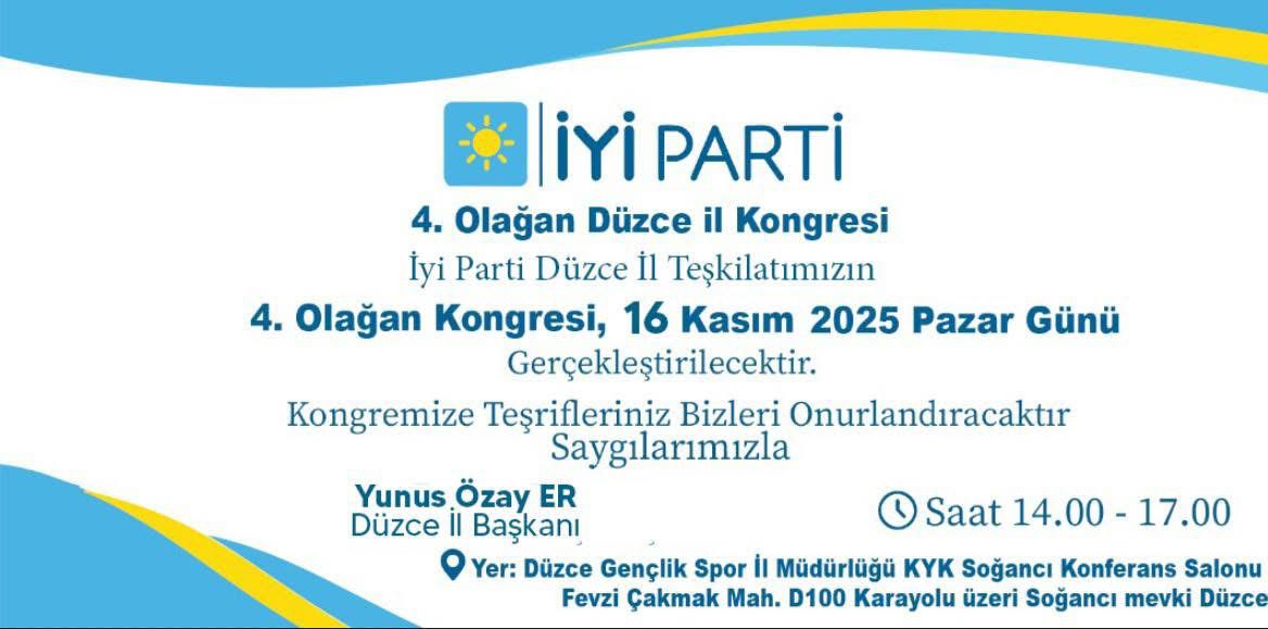 İYİ Parti Düzce’de 4. Olağan İl Kongresi 16 Kasım’da Gerçekleşiyor